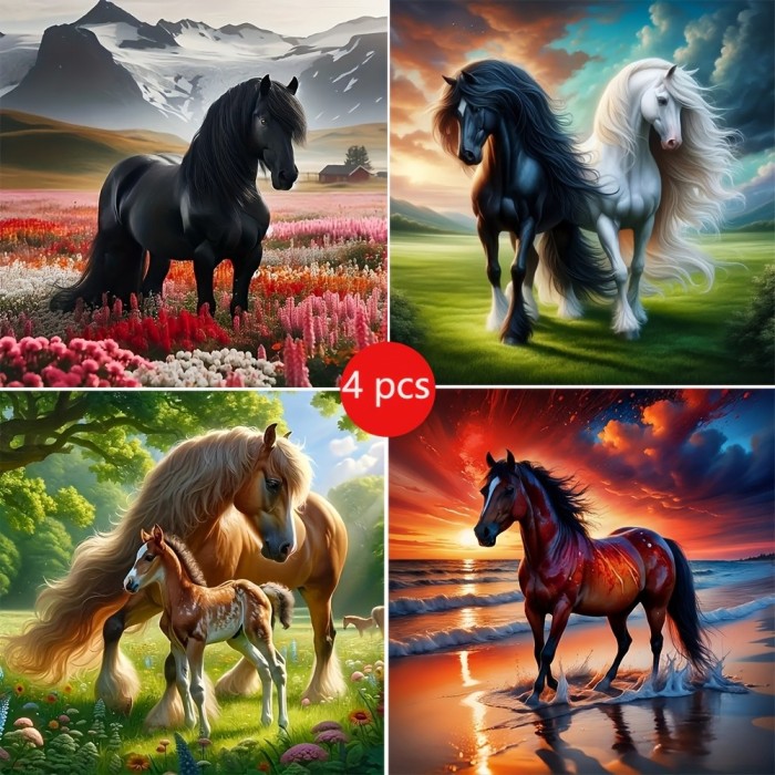 4 skirtingų arklių paveikslai 30×30 cm