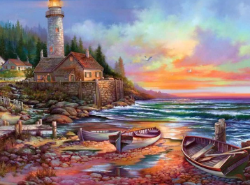 Lighthouse with boats 30x40 cm